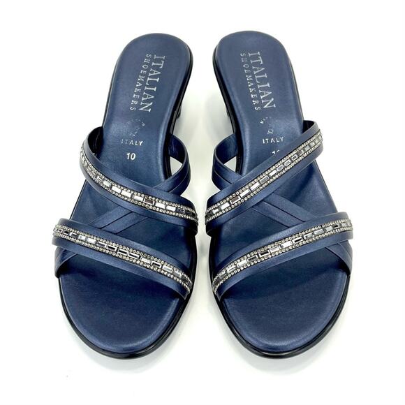 ITALIAN SHOEMAKERS NAVY BLUE RHINESTONE EMBELLISHED SLIDE-IN WEDGE STRAPY SANDAL - Picture 14 of 15